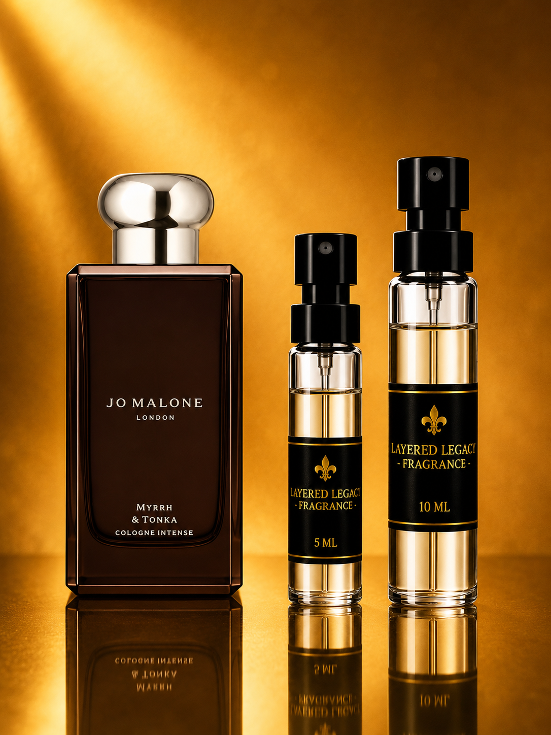 Jo Malone Myrrh & Tonka fragrance bottle and Layered Legacy Fragrance decant