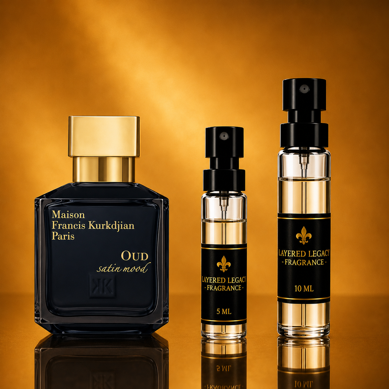 Maison Francis Kurkdjian Oud Satin Mood fragrance bottle and Layered Legacy Fragrance decant
