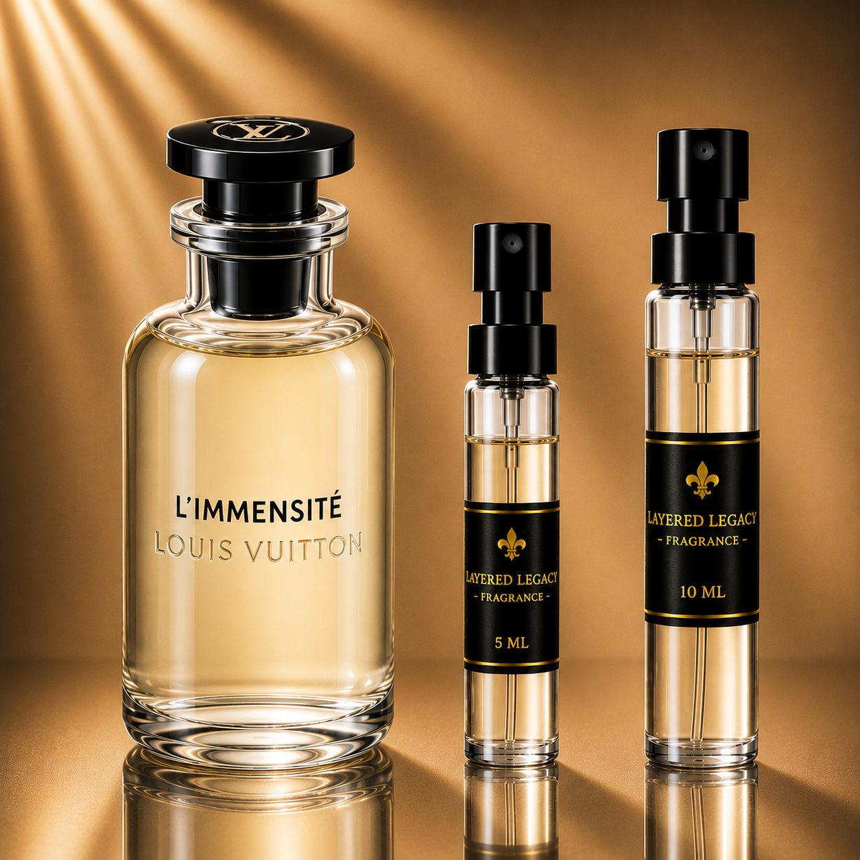 Louis Vuitton L’Immensité fragrance bottle and Layered Legacy Fragrance decant