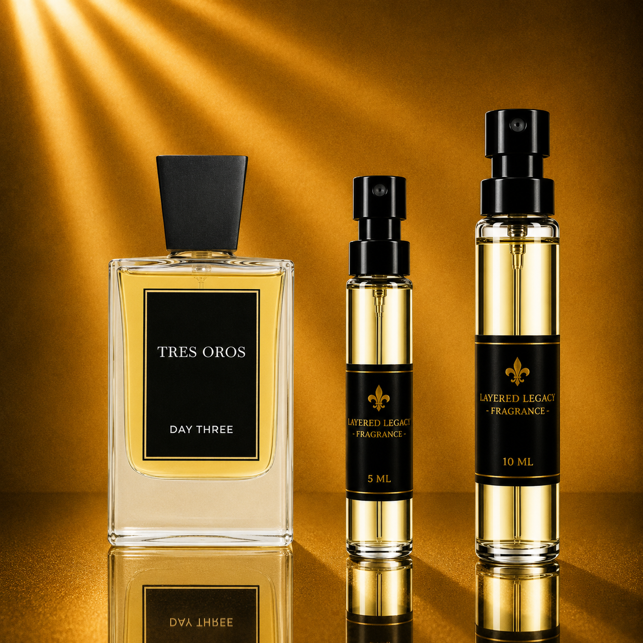 Day Three Tres Oros fragrance bottle and Layered Legacy Fragrance decant