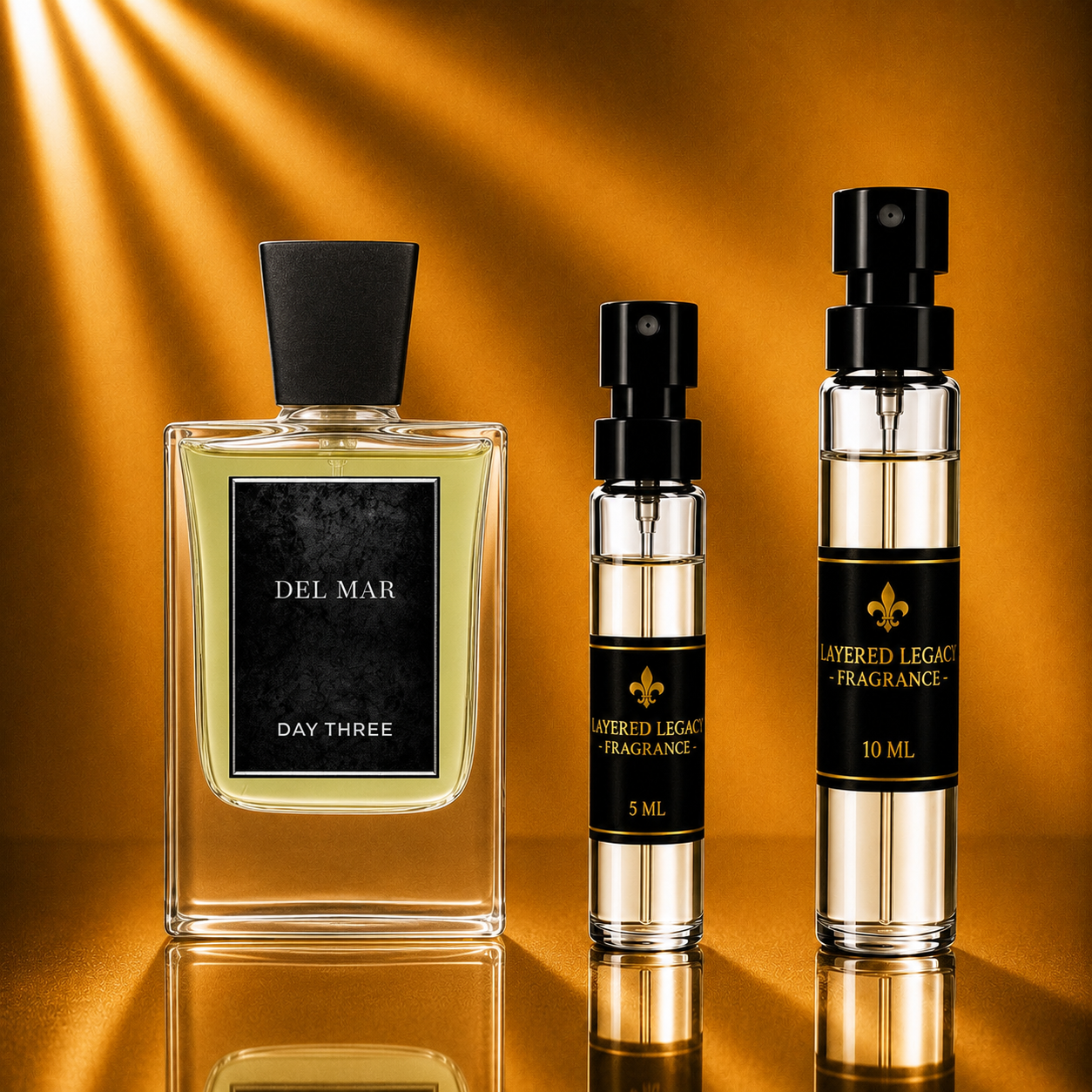 Day Three Del Mar fragrance bottle and Layered Legacy Fragrance decant