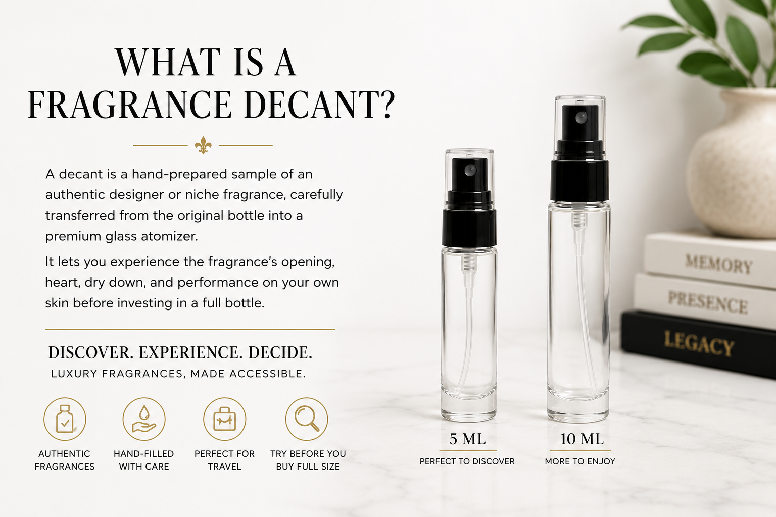 What is a fragrance decant featuring 5 ml and 10 ml atomizers
