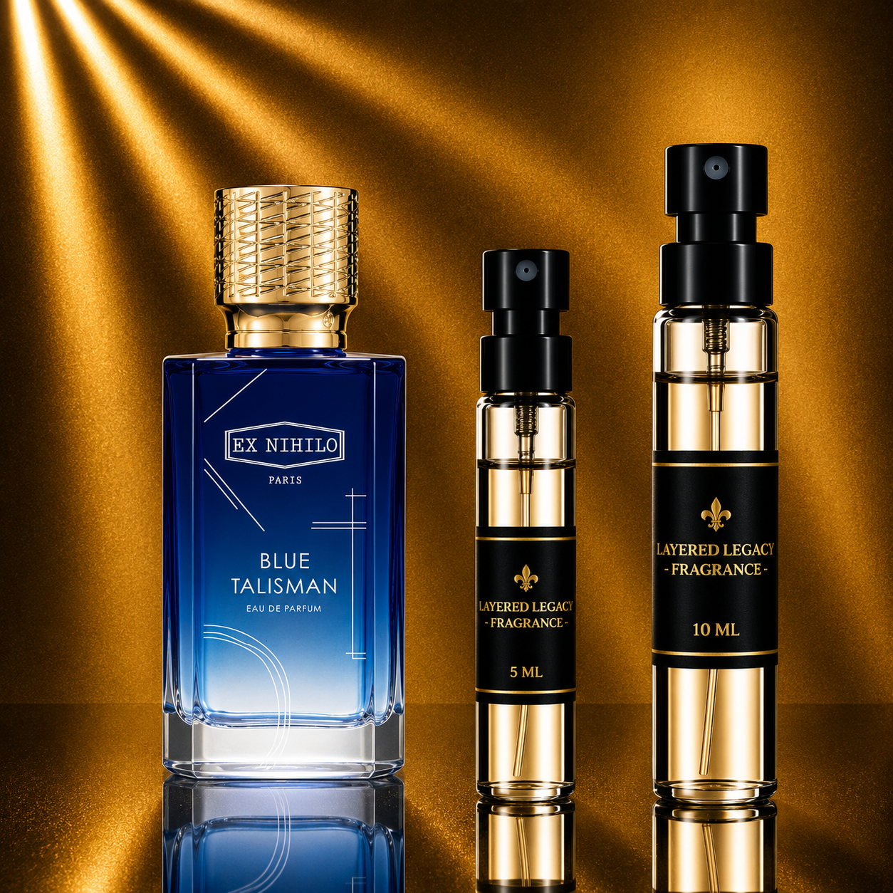 Ex Nihilo Blue Talisman fragrance bottle and Layered Legacy Fragrance decant