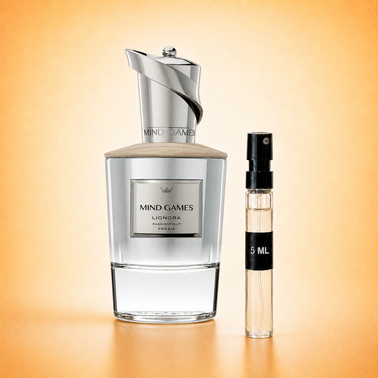 Mind Games Lionora bottle with 5 ml fragrance decant