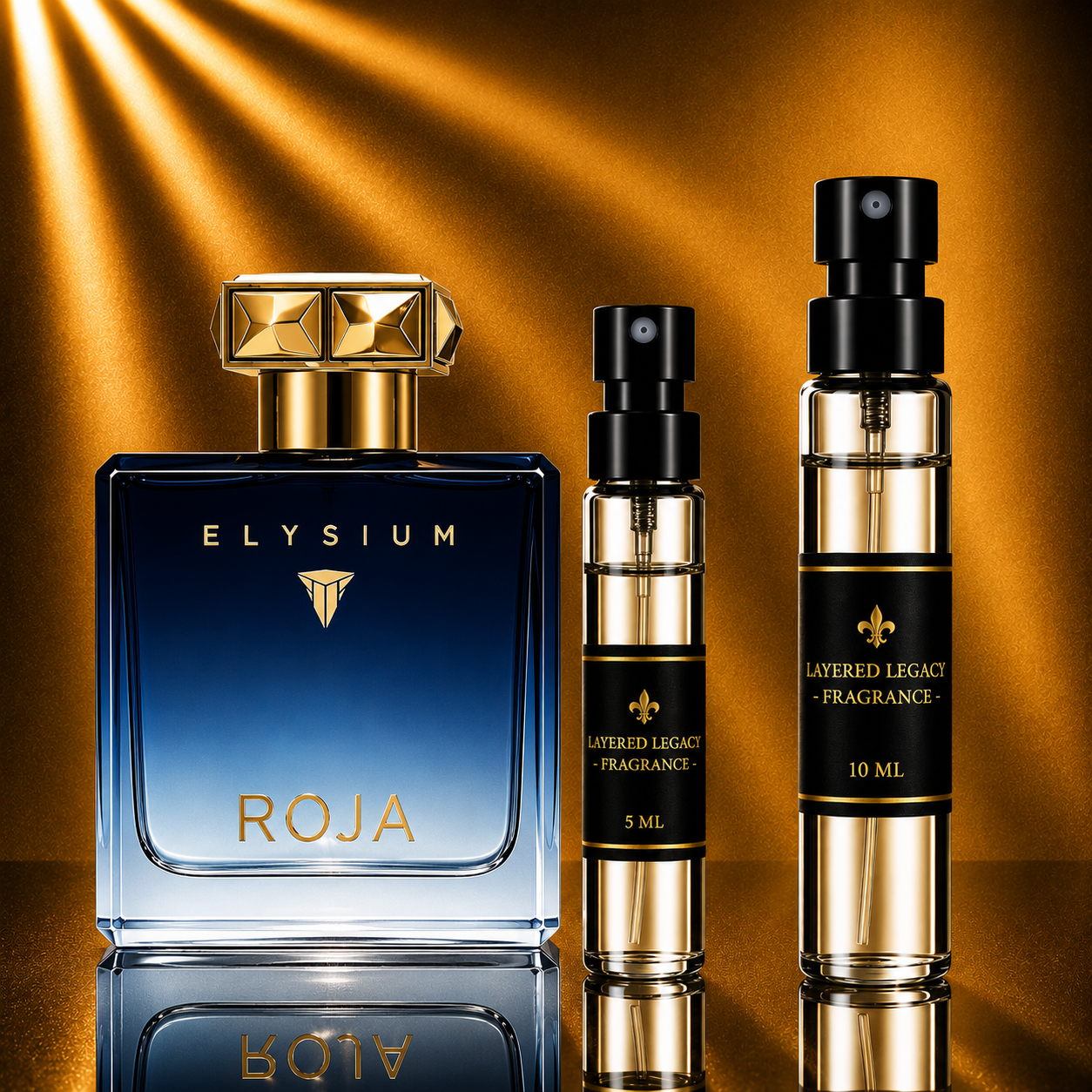 Roja Parfums Elysium fragrance bottle and Layered Legacy Fragrance decant