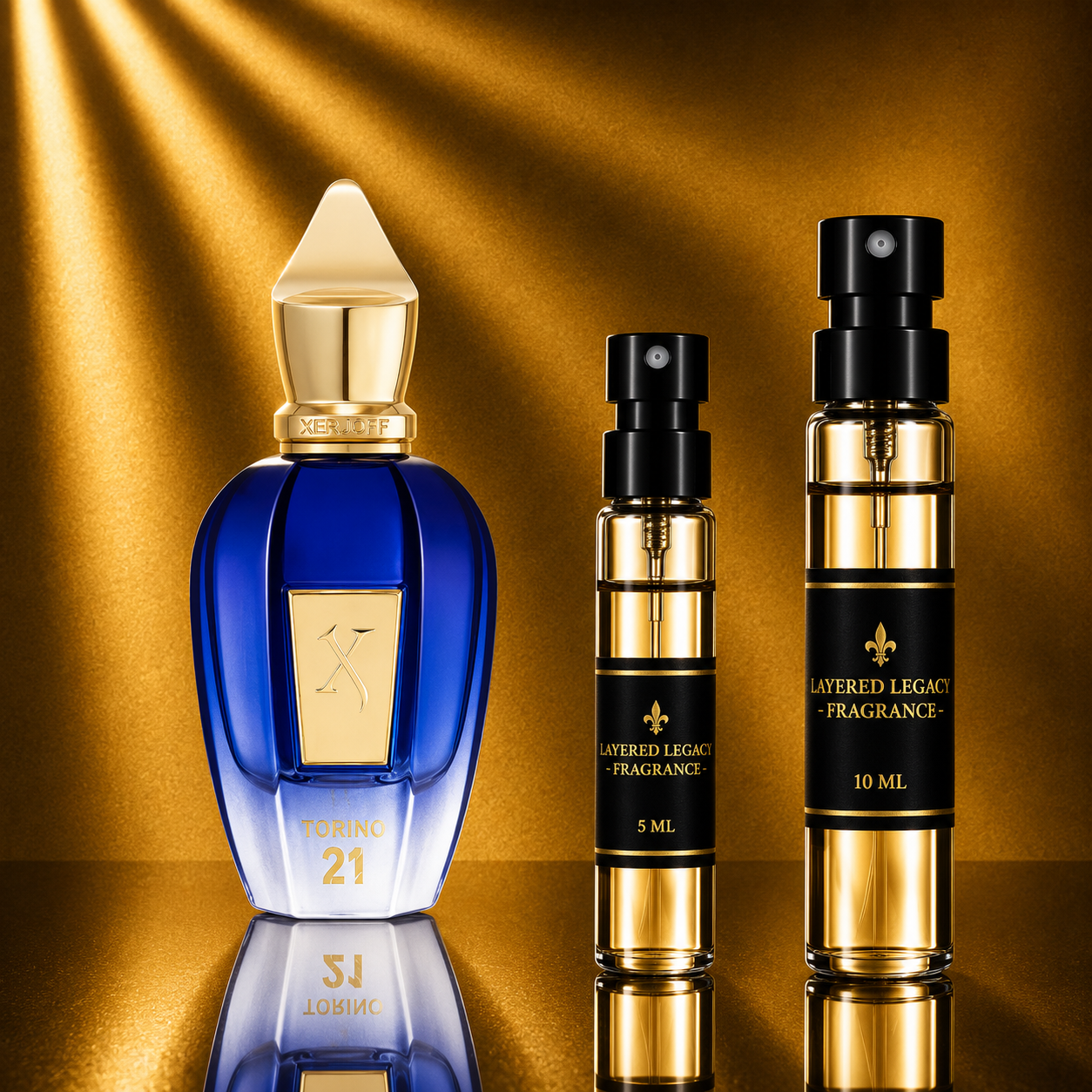 Xerjoff Torino 21 fragrance bottle and Layered Legacy Fragrance decant