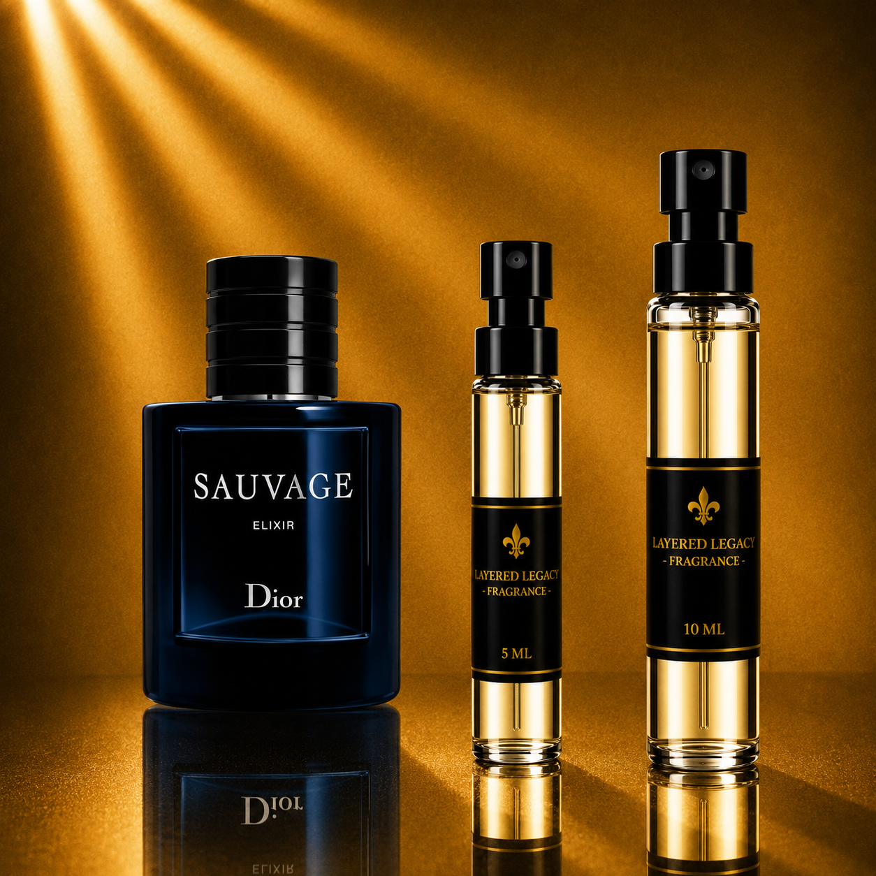 Dior Sauvage Elixir fragrance bottle and Layered Legacy Fragrance decant