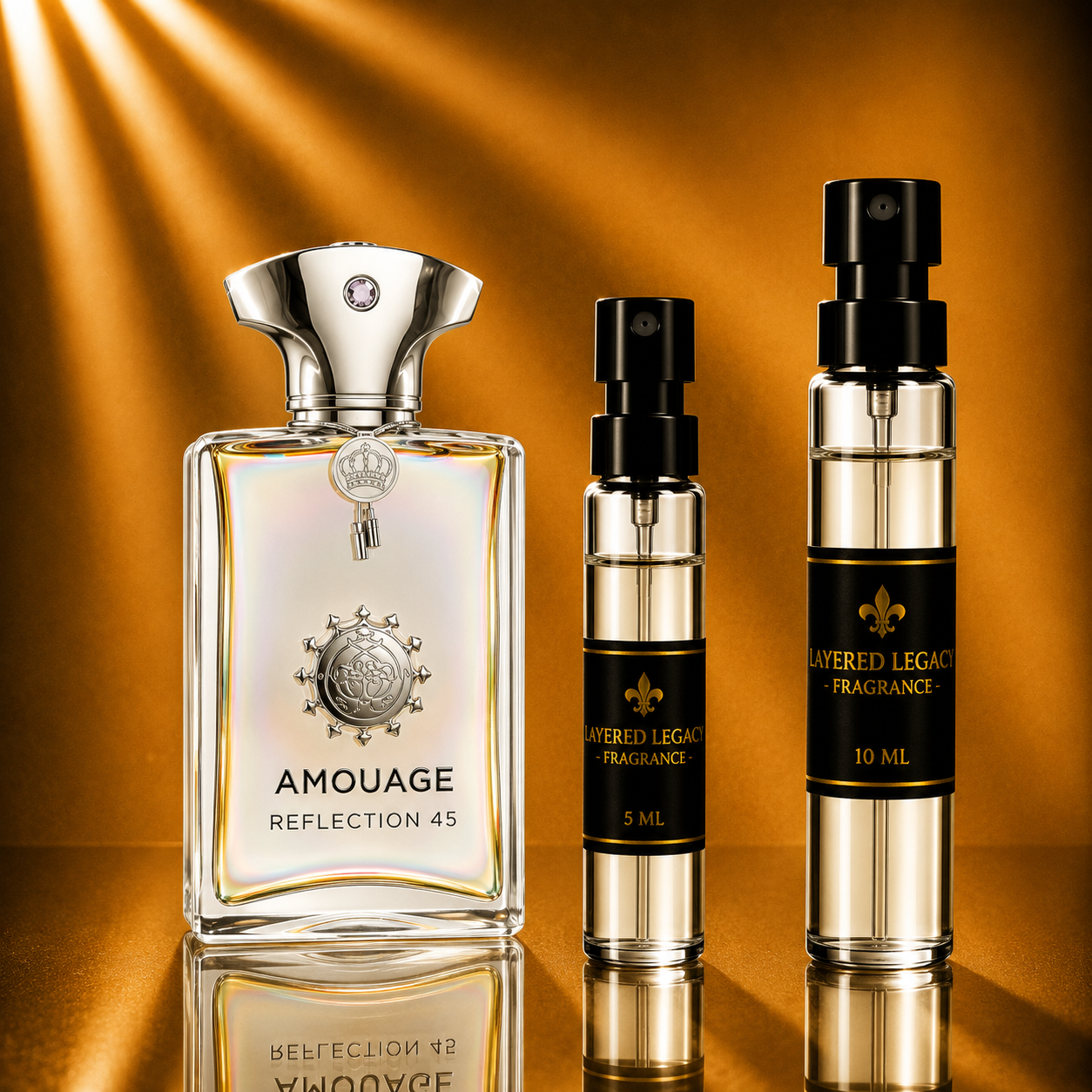 Amouage Reflection 45 fragrance bottle and Layered Legacy Fragrance decant