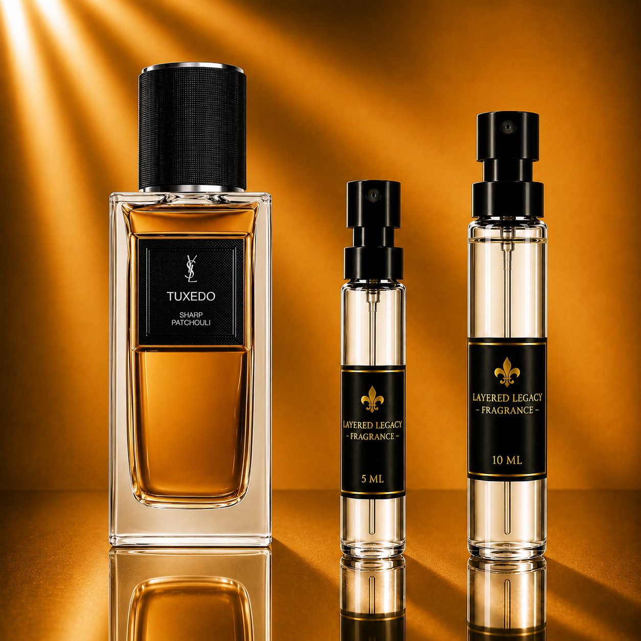 Yves Saint Laurent Tuxedo fragrance bottle and Layered Legacy Fragrance decant