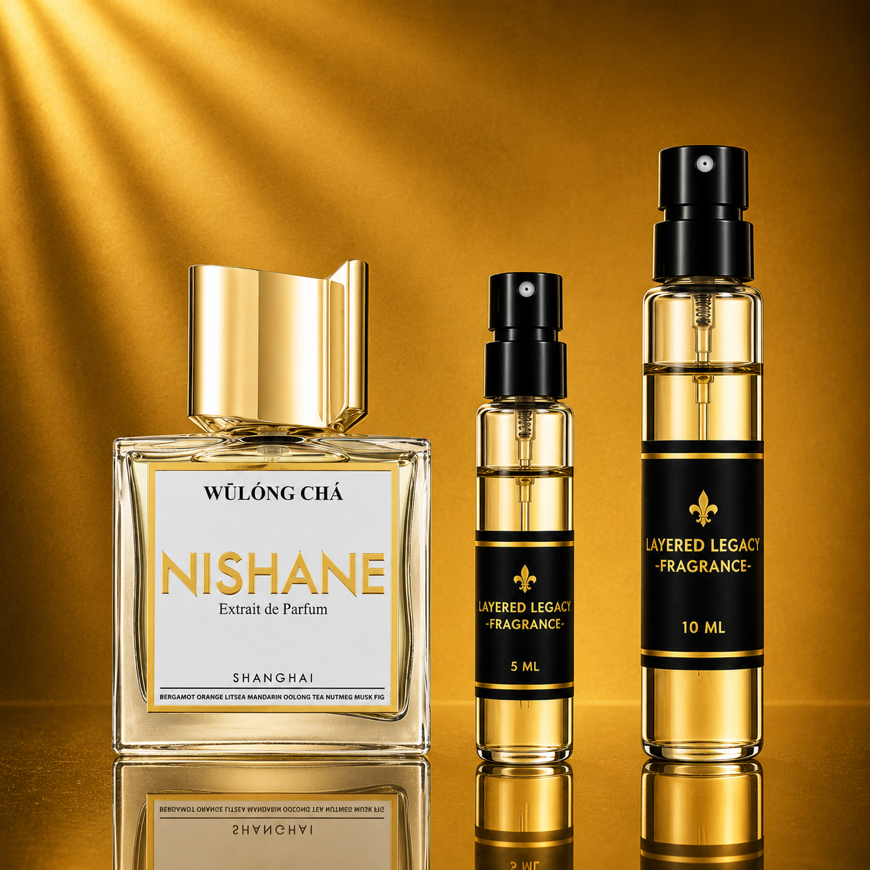 Nishane Wulong Cha fragrance bottle and Layered Legacy Fragrance decant