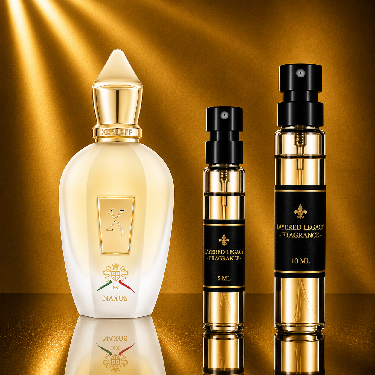 Xerjoff Naxos fragrance bottle and Layered Legacy Fragrance decant
