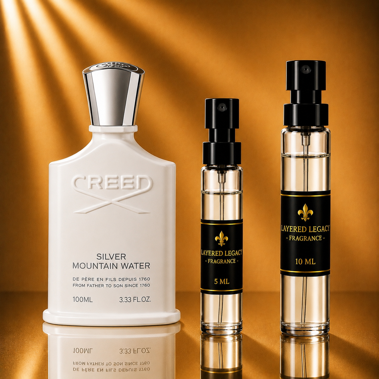Creed Silver Mountain Water fragrance bottle and Layered Legacy Fragrance decant
