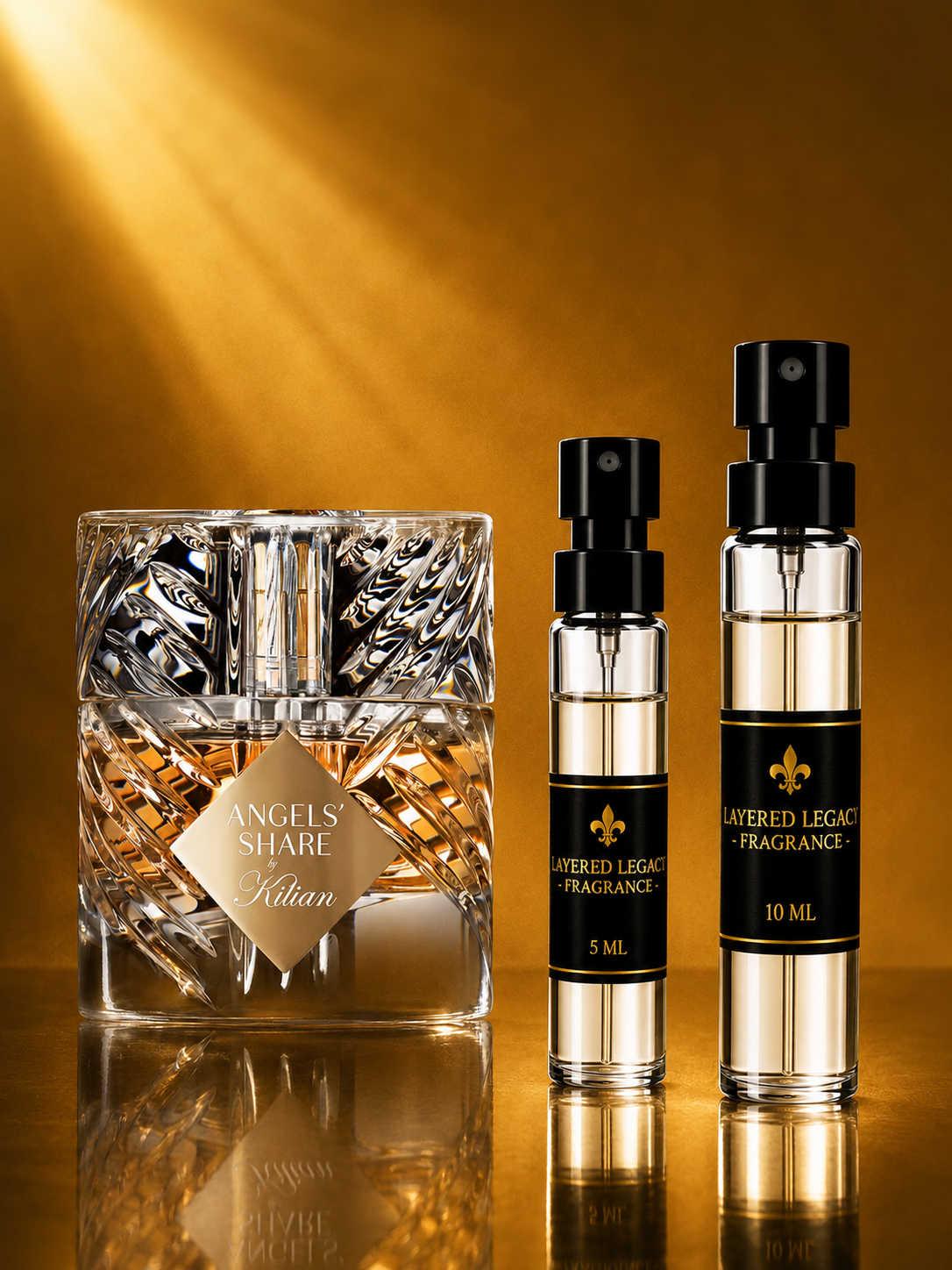 Kilian Angels’ Share fragrance bottle and Layered Legacy Fragrance decant