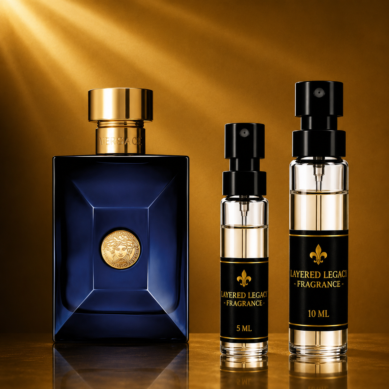 Versace Dylan Blue fragrance bottle and Layered Legacy Fragrance decant