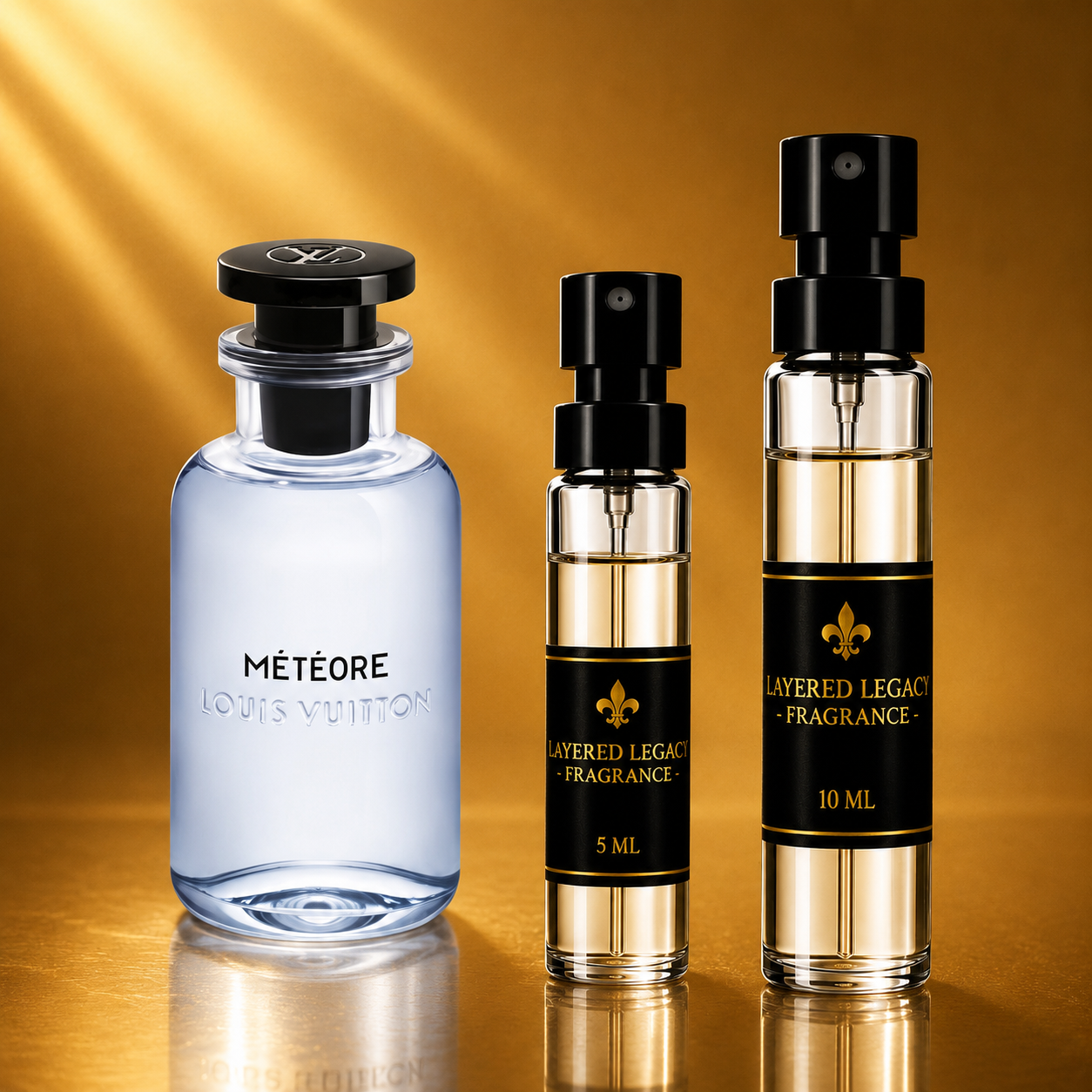 Louis Vuitton Météore fragrance bottle and Layered Legacy Fragrance decant