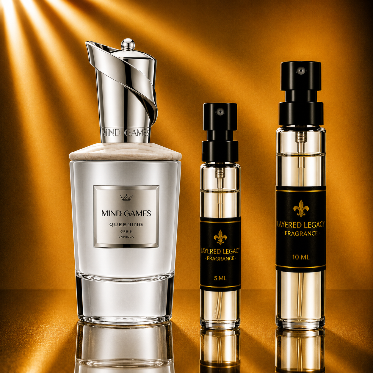 Mind Games Queening fragrance bottle and Layered Legacy Fragrance decant