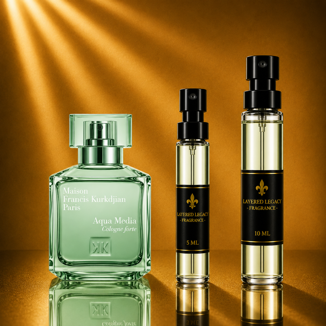Maison Francis Kurkdjian Aqua Media Cologne Forte fragrance bottle and Layered Legacy Fragrance decant