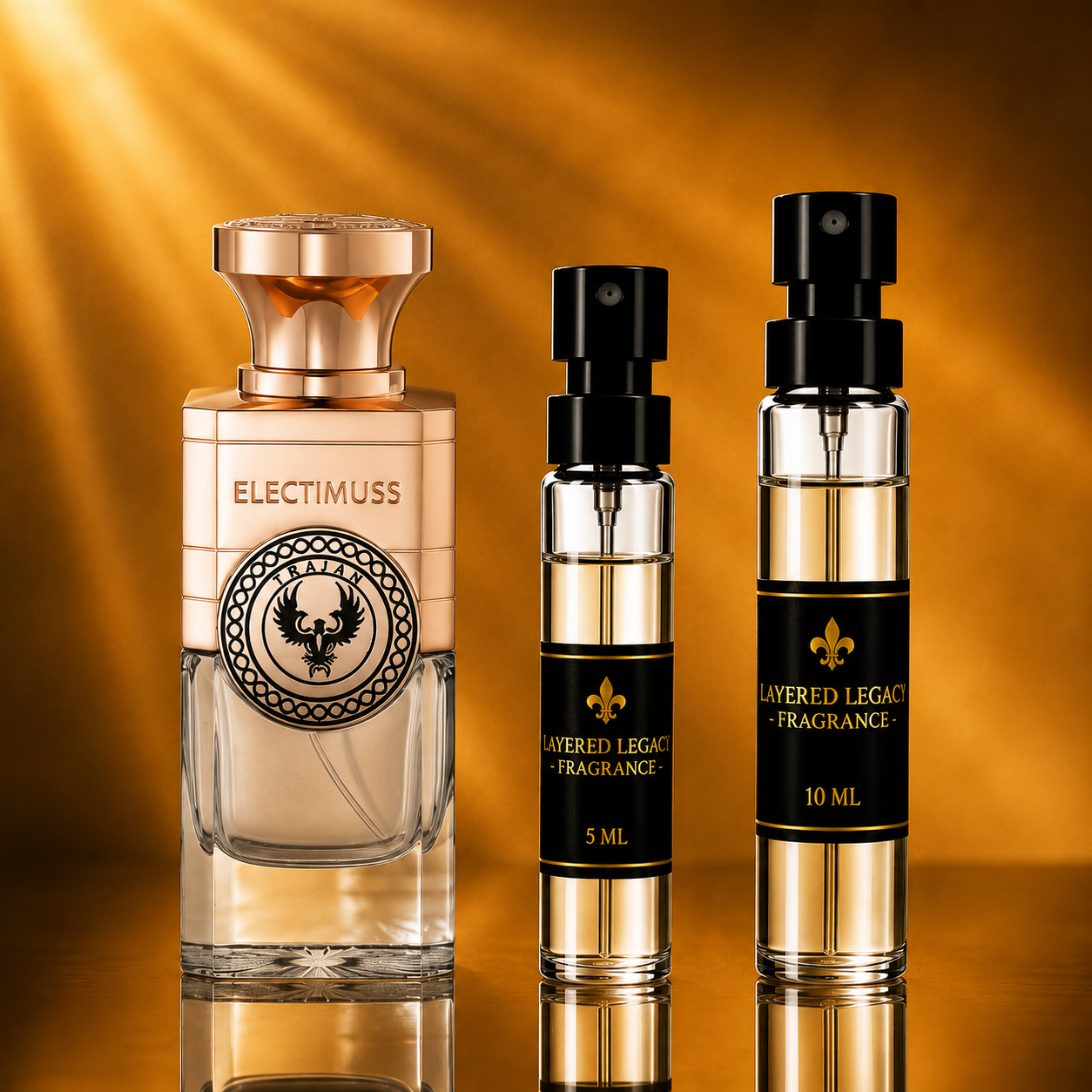 Electimuss Trajan fragrance bottle and Layered Legacy Fragrance decant