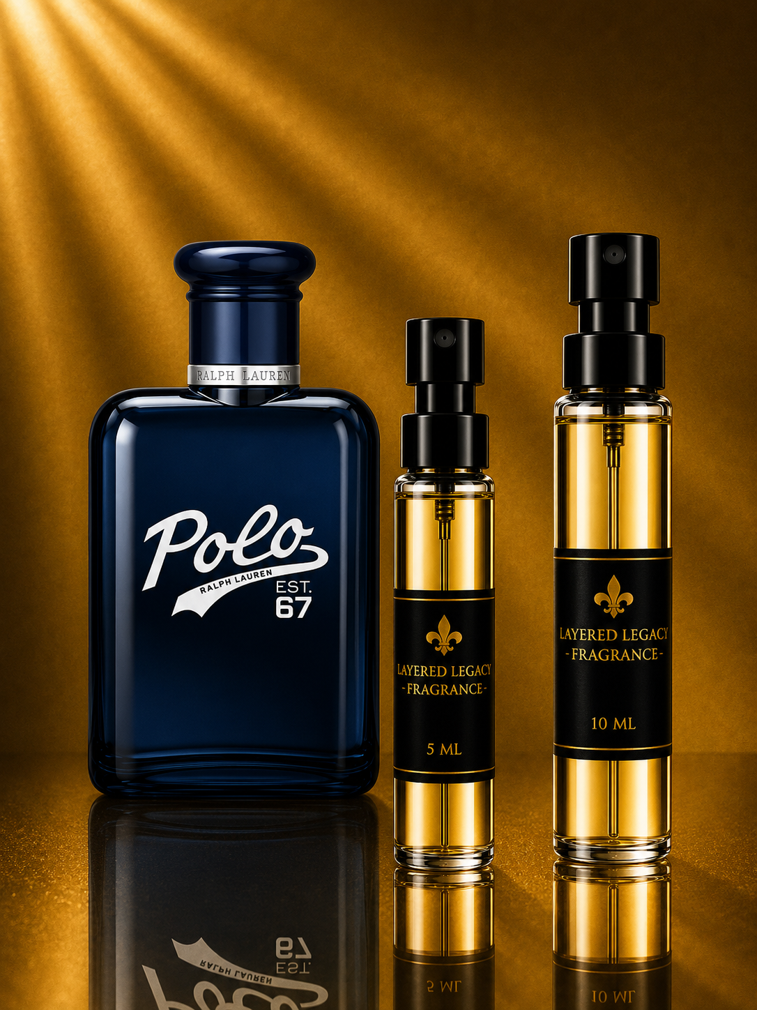 Ralph Lauren Polo 67 fragrance bottle and Layered Legacy Fragrance decant