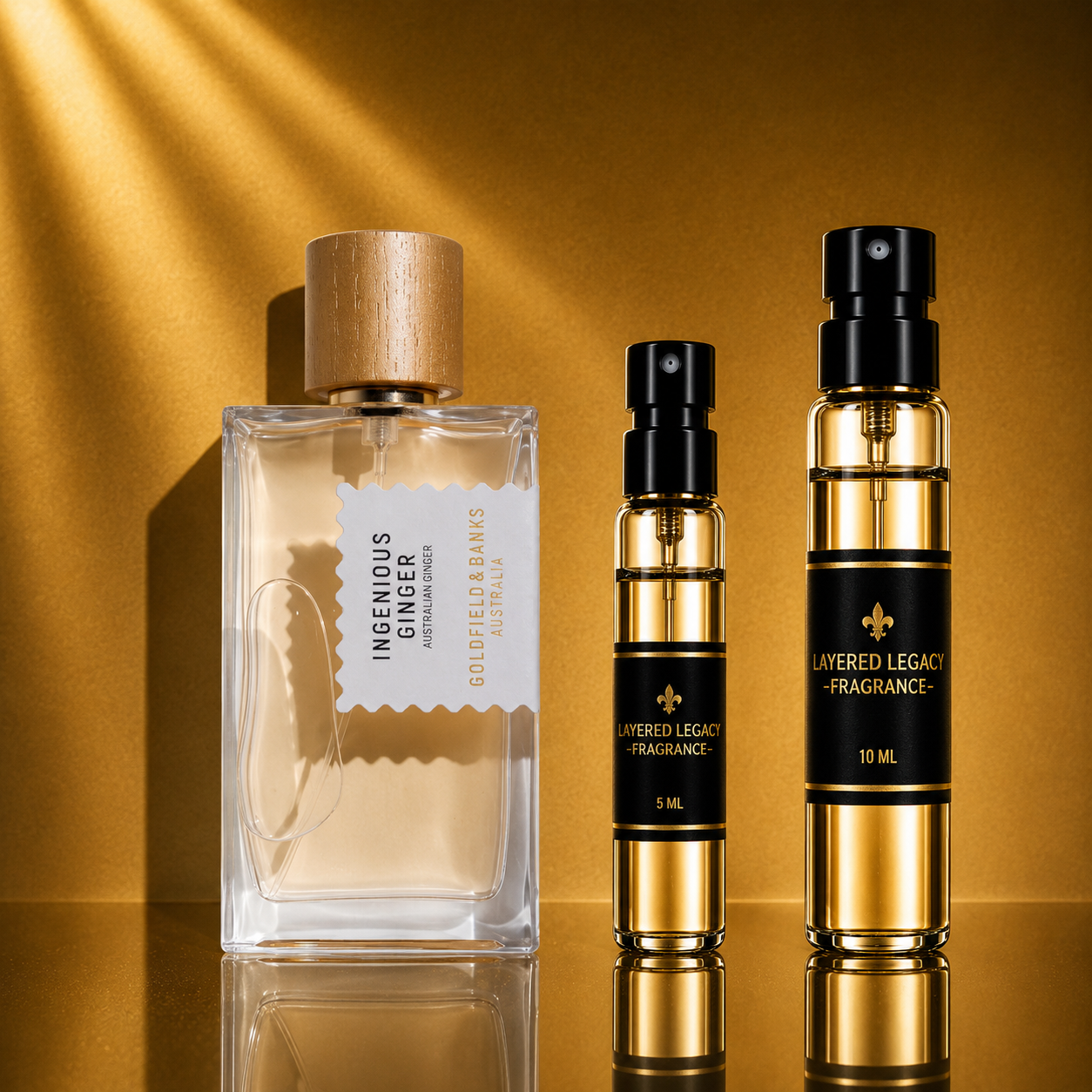 Goldfield & Banks Ingenious Ginger fragrance bottle and Layered Legacy Fragrance decant