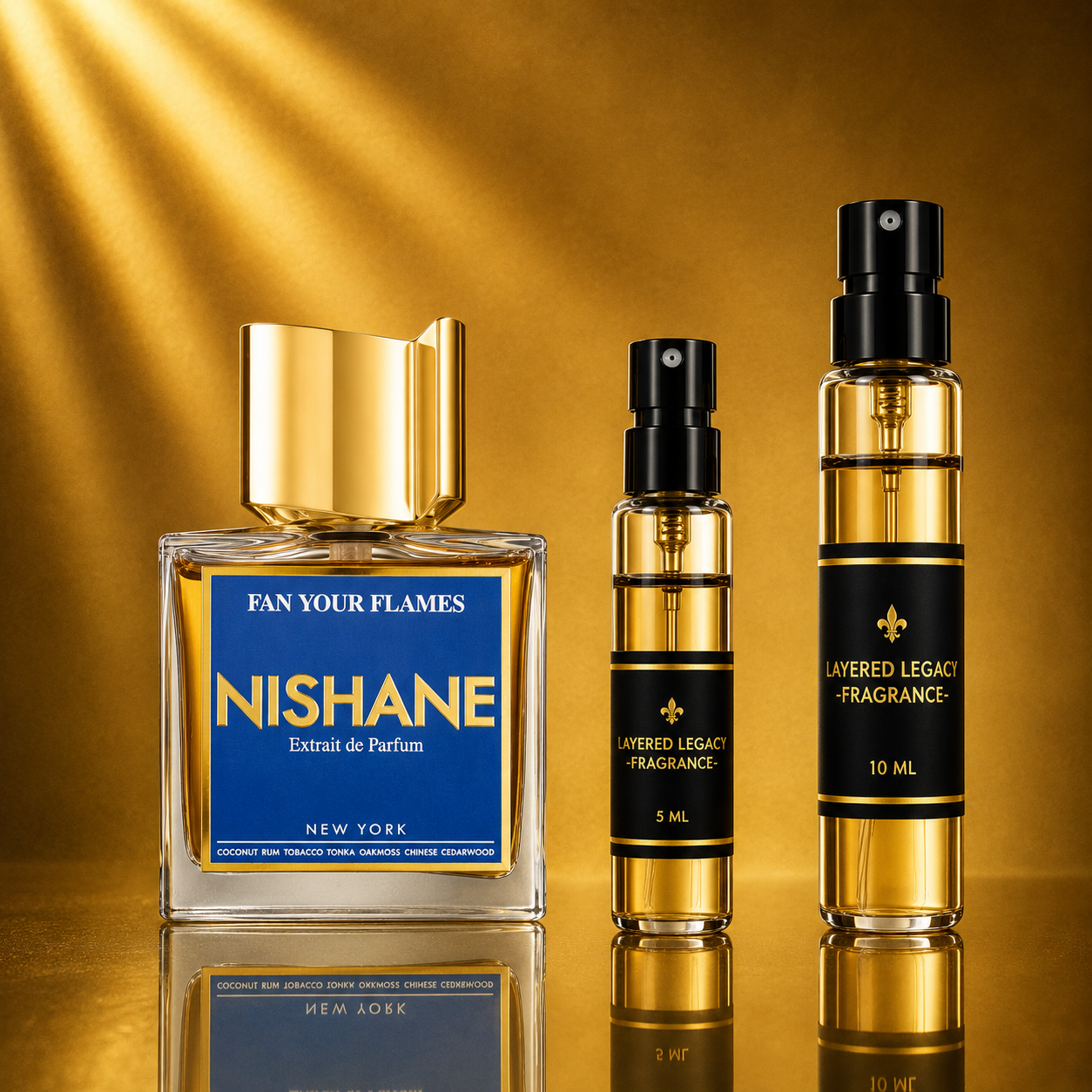 Nishane Fan Your Flames fragrance bottle and Layered Legacy Fragrance decant