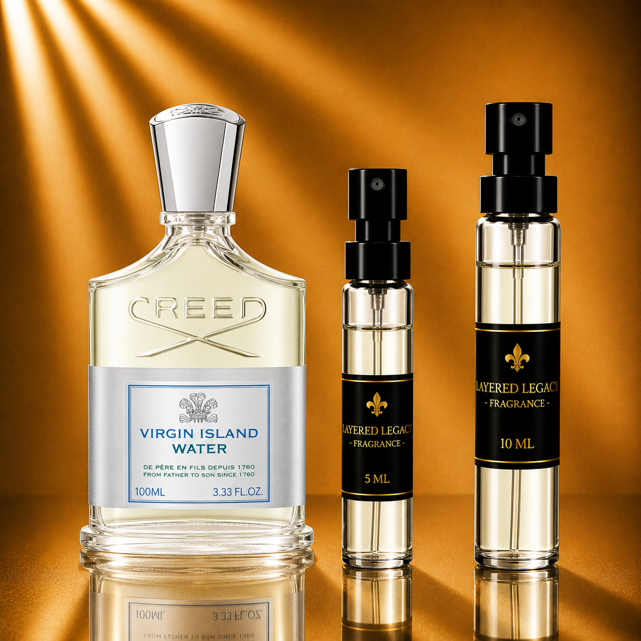 Creed Virgin Island Water fragrance bottle and Layered Legacy Fragrance decant