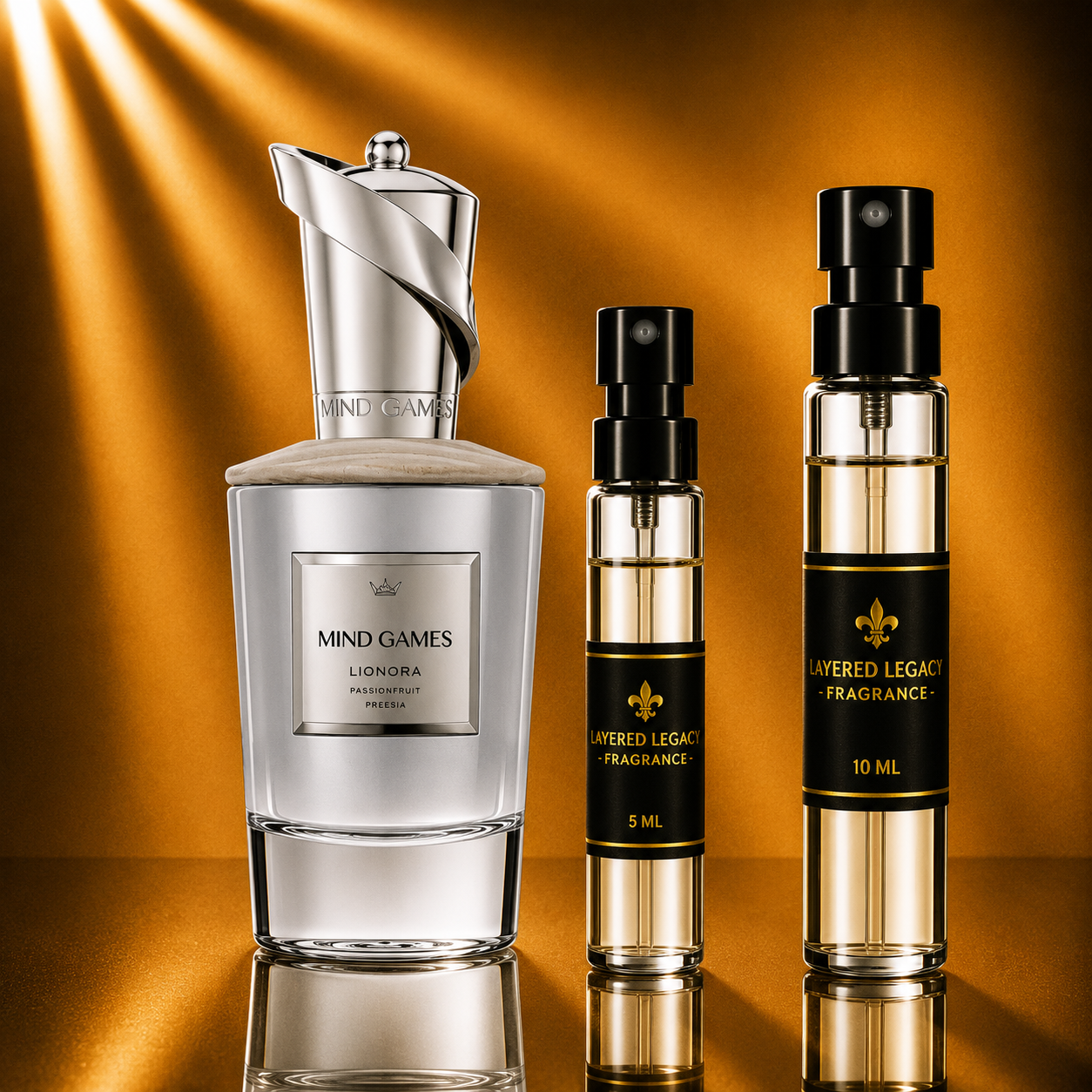 Mind Games Lionora fragrance bottle and Layered Legacy Fragrance decant