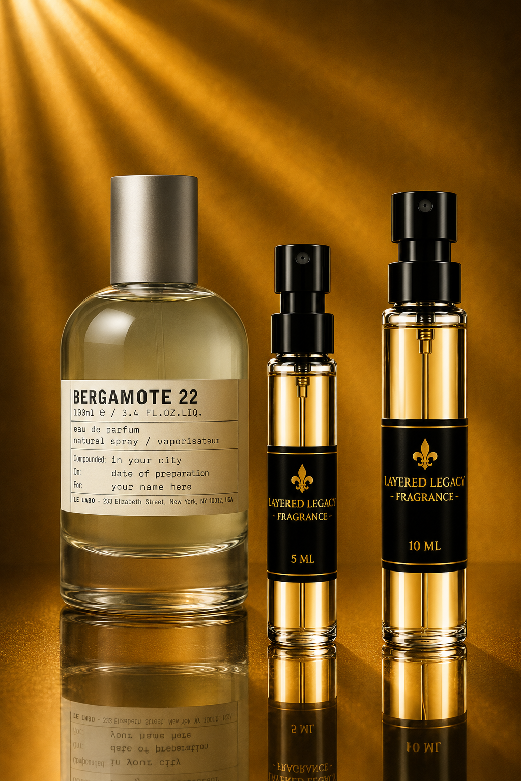 Le Labo Bergamote 22 fragrance bottle and Layered Legacy Fragrance decant