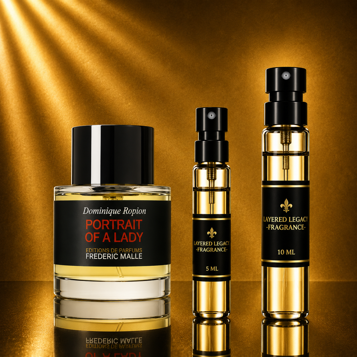 Frédéric Malle Portrait of a Lady fragrance bottle and Layered Legacy Fragrance decant