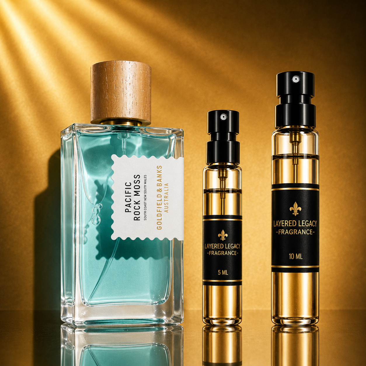 Goldfield & Banks Pacific Rock Moss fragrance bottle and Layered Legacy Fragrance decant