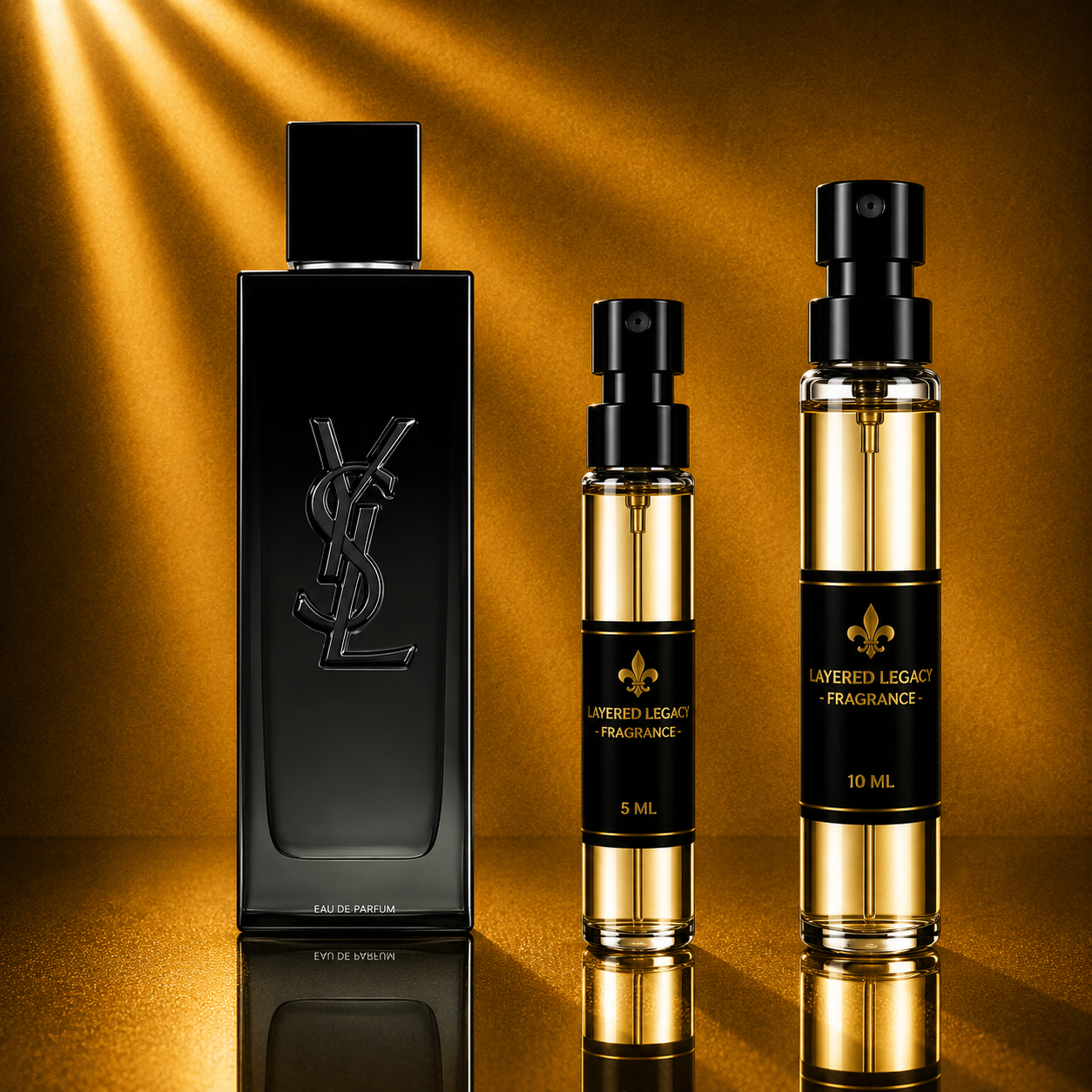 Yves Saint Laurent MYSLF fragrance bottle and Layered Legacy Fragrance decant