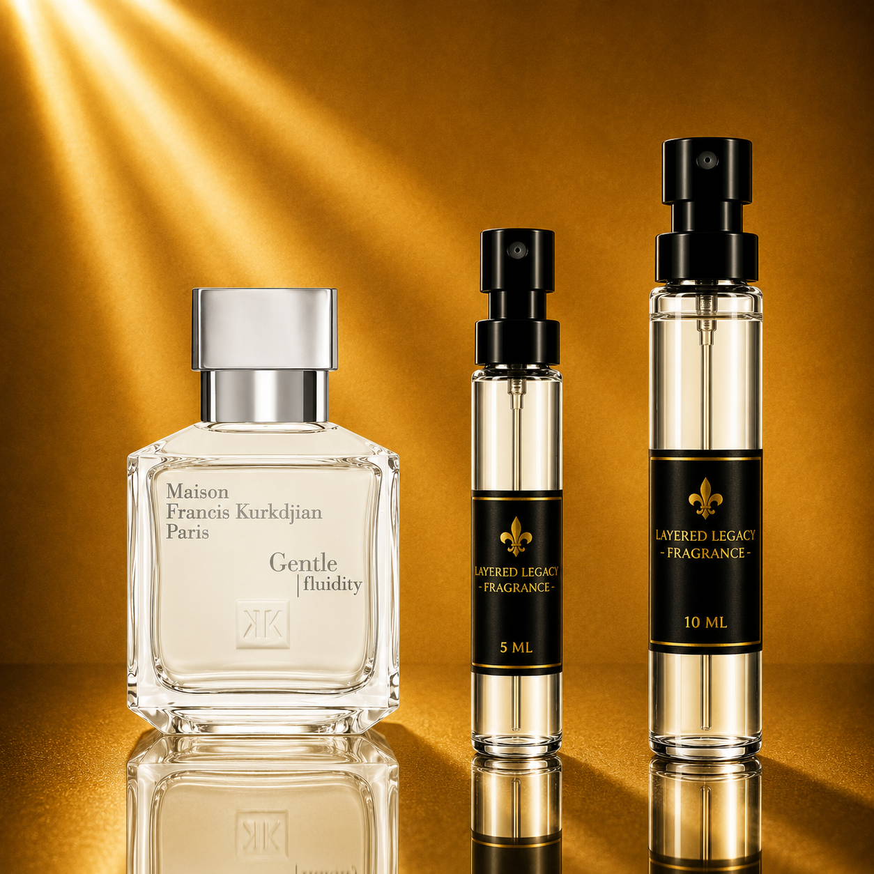 Maison Francis Kurkdjian Gentle Fluidity Silver fragrance bottle and Layered Legacy Fragrance decant