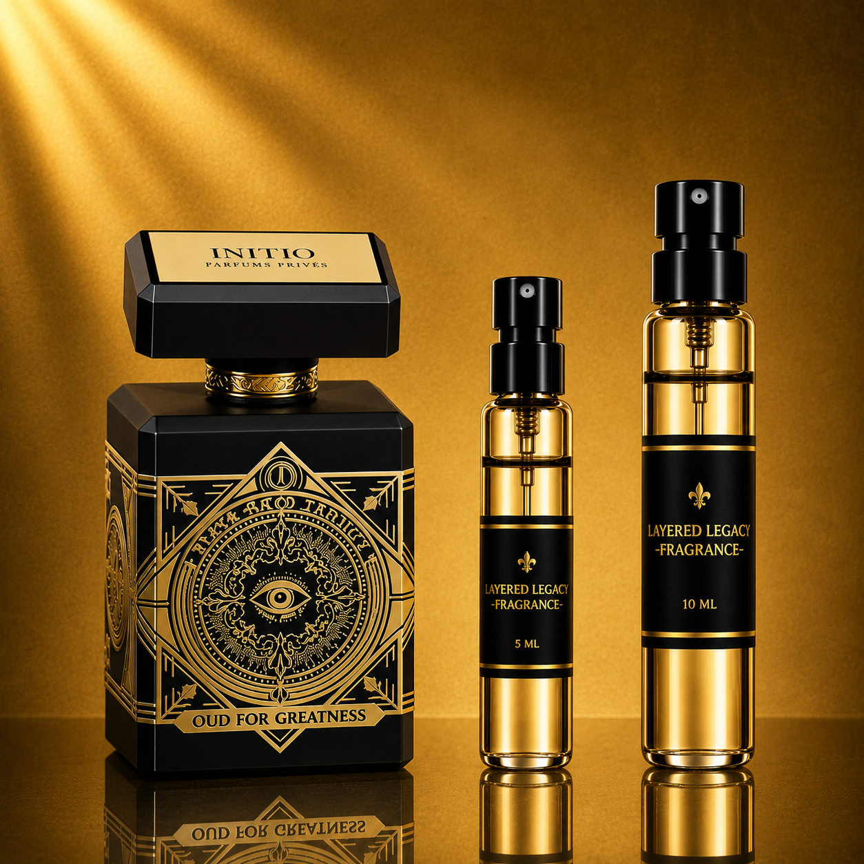 Initio Parfums Privés Oud for Greatness fragrance bottle and Layered Legacy Fragrance decant