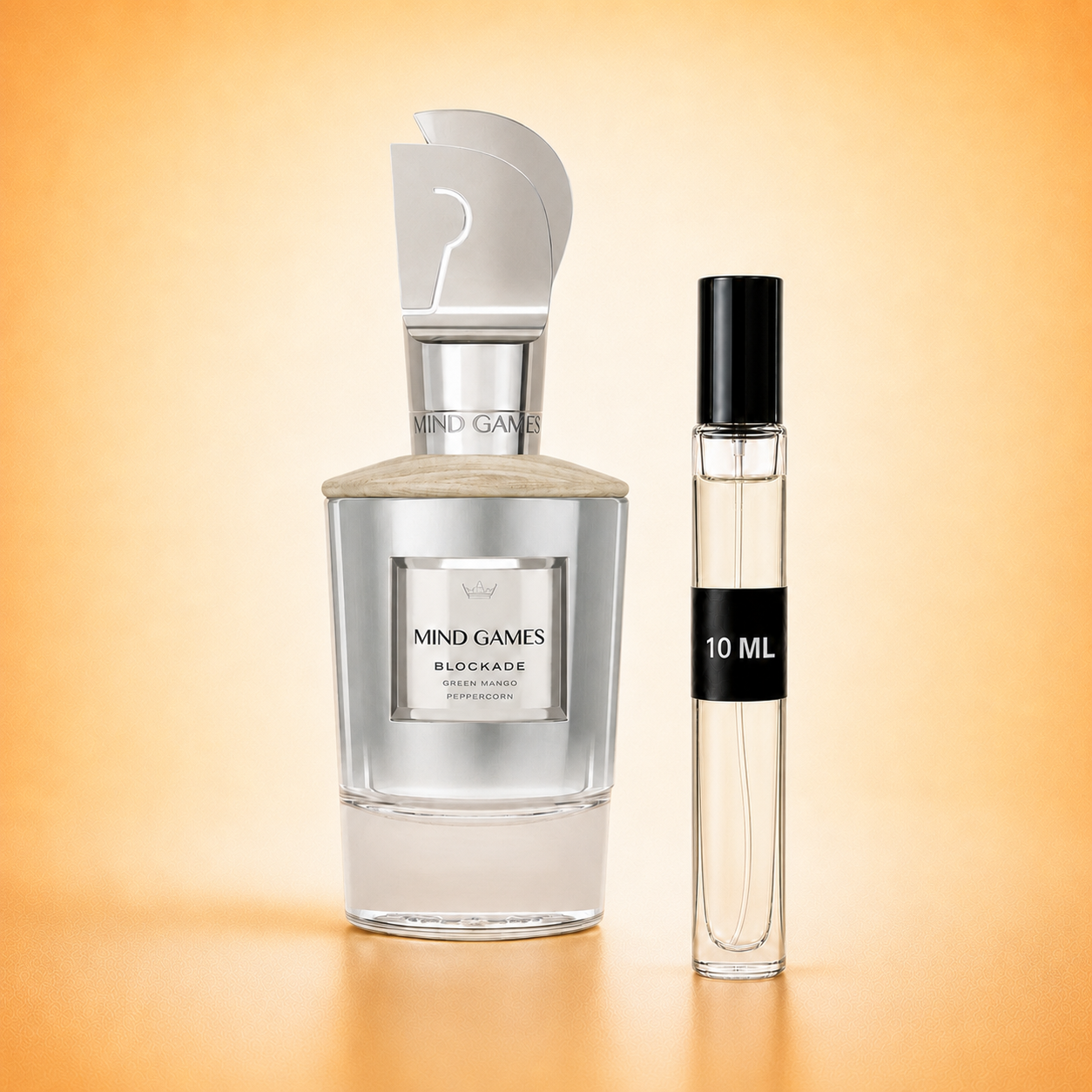 Mind Games Blockade bottle with 10 ml fragrance decant
