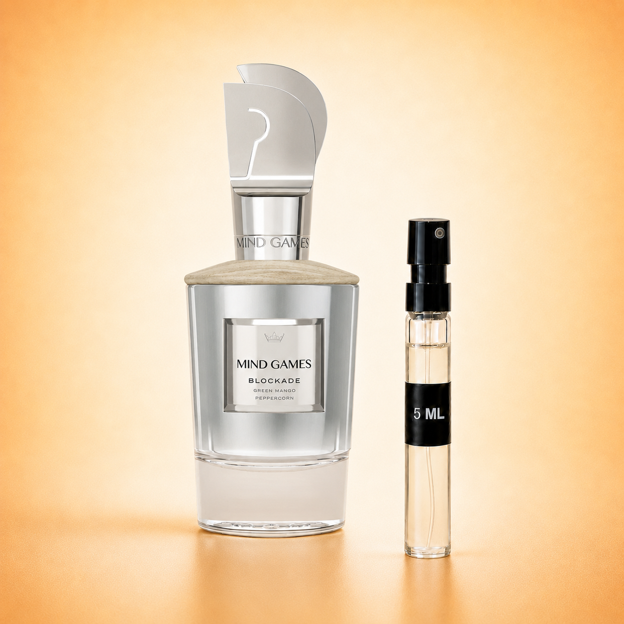 Mind Games Blockade bottle with 5 ml fragrance decant