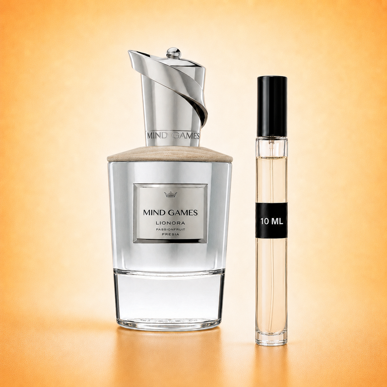 Mind Games Lionora bottle with 10 ml fragrance decant