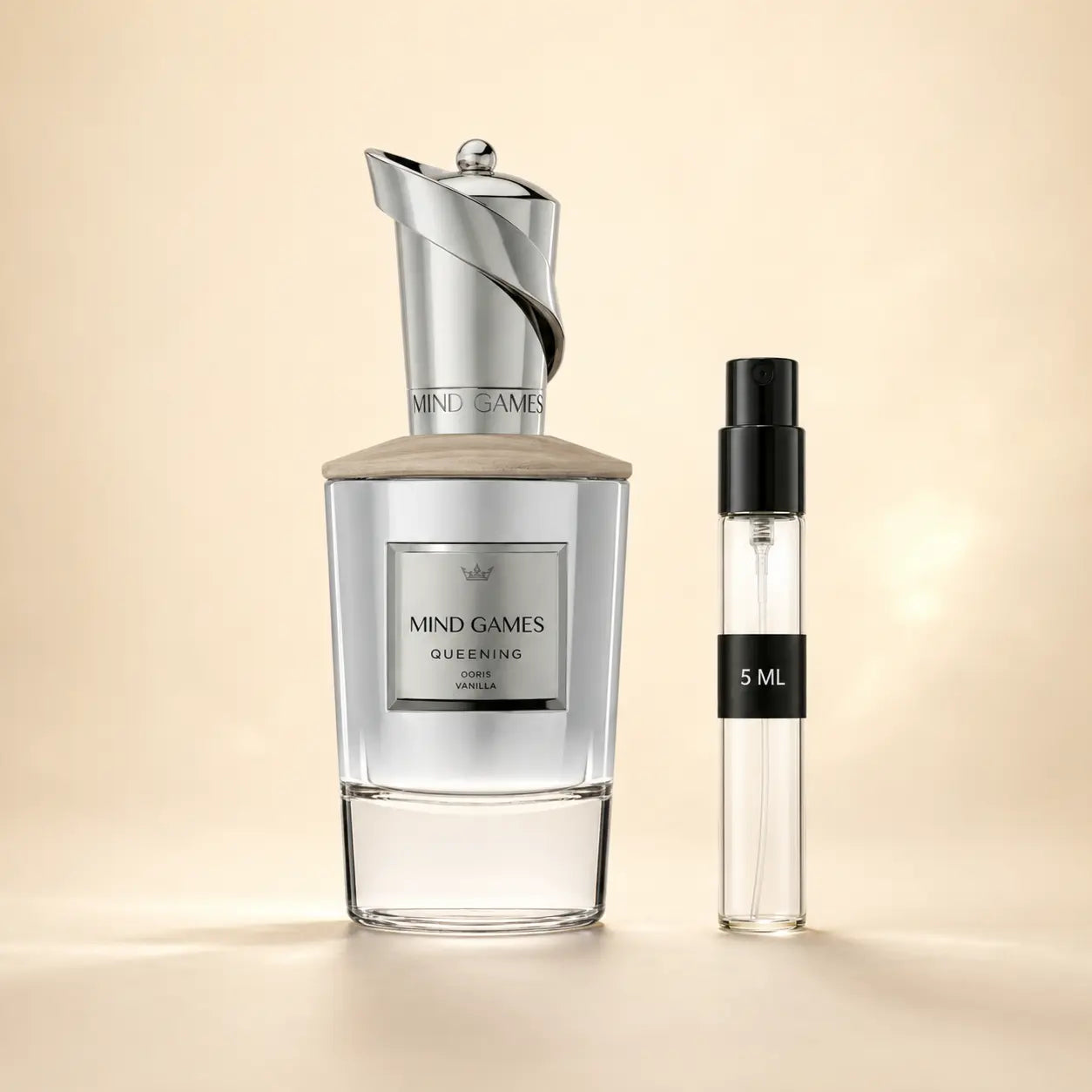 Mind Games Queening bottle with 5 mL fragrance decant