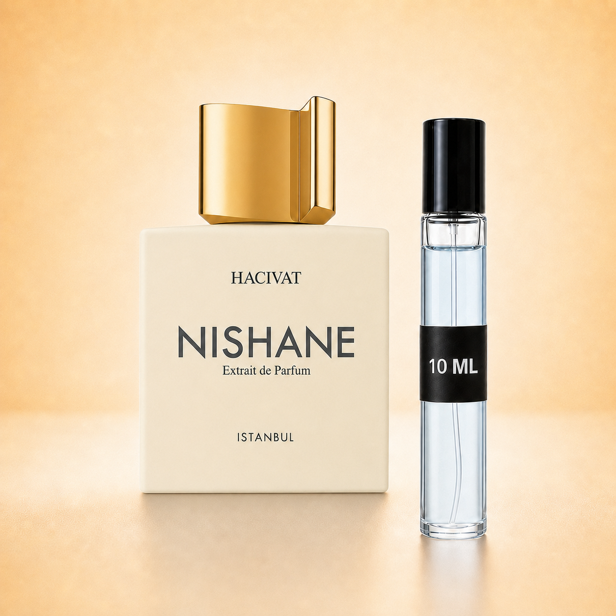 Nishane Hacivat bottle with 10 ml fragrance decant