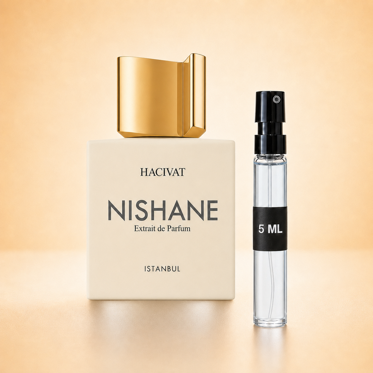 Nishane Hacivat bottle with 5 ml fragrance decant